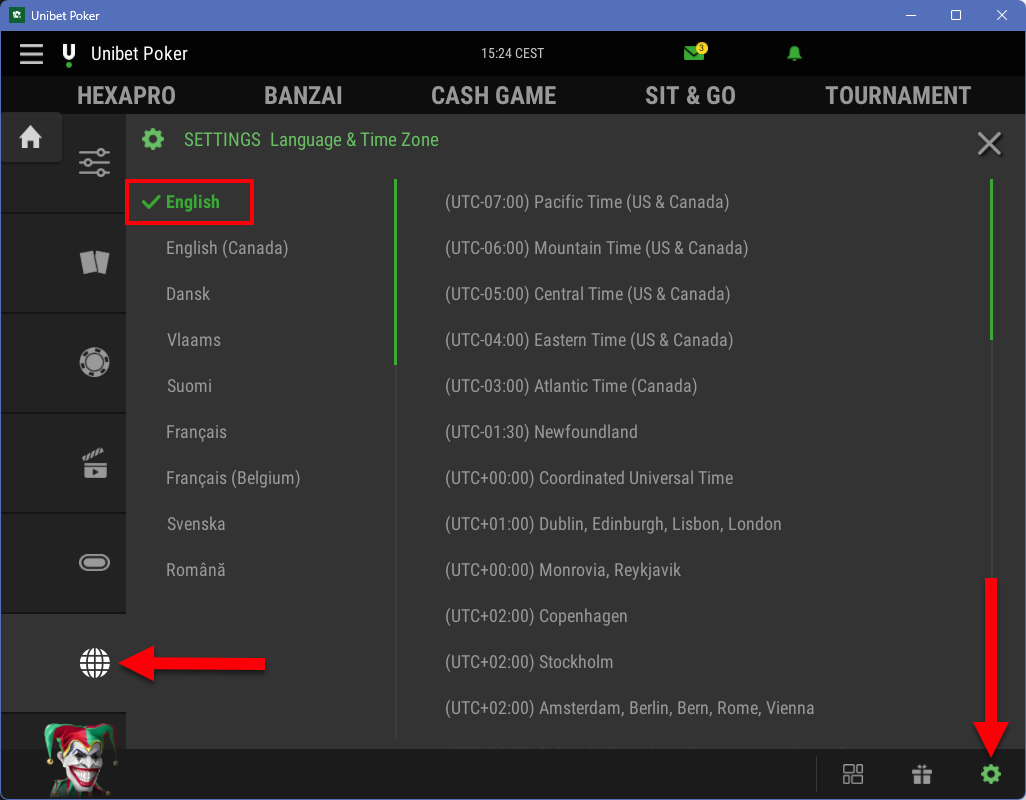 Unibet language setting