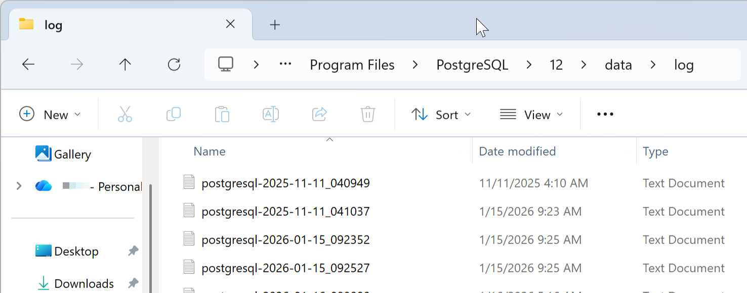 Windows Explorer - PostgreSQL Logs folder