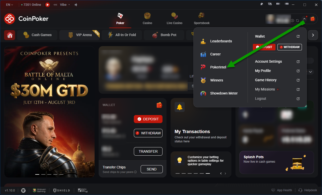 CoinPoker lobby menu showing PokerIntel