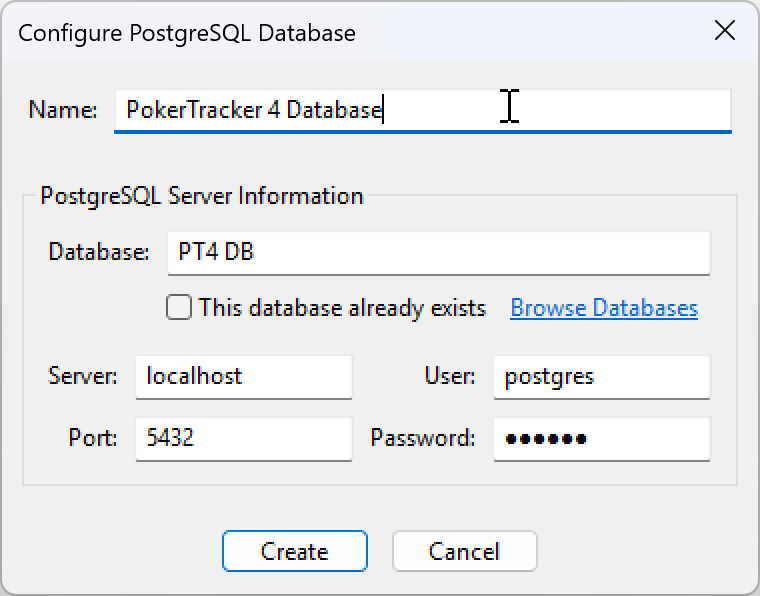 Create Database window