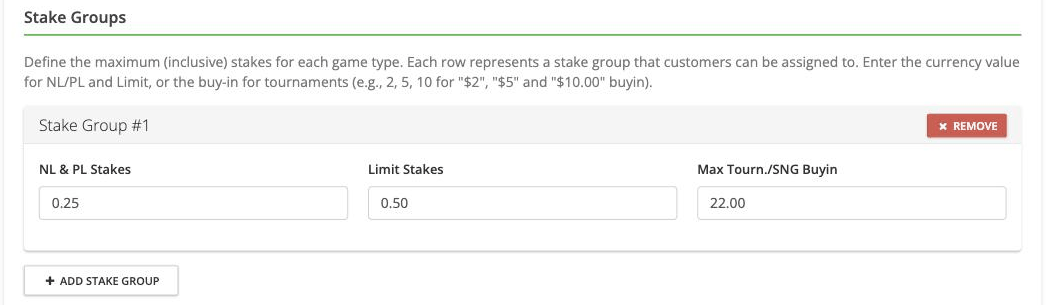 Stake Groups section showing one stake group with no-limit, limit and tournament buy-in values