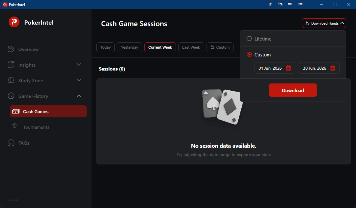 PokerIntel Download Hands options showing Lifetime and Custom