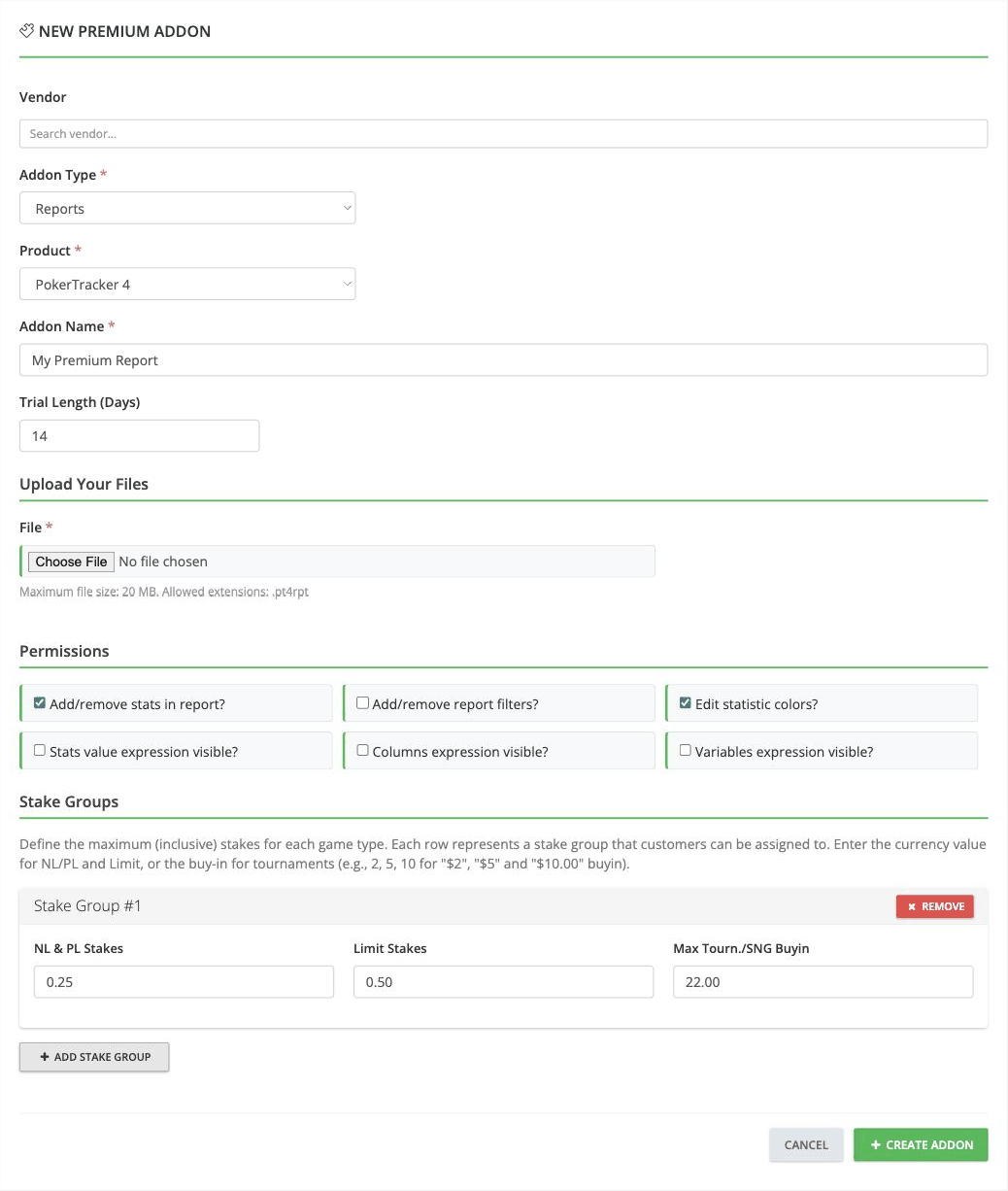 New premium add-on form with the Reports type chosen, showing the permission grid and one stake group