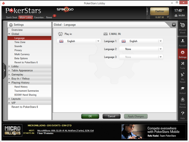 PokerStars Language Options