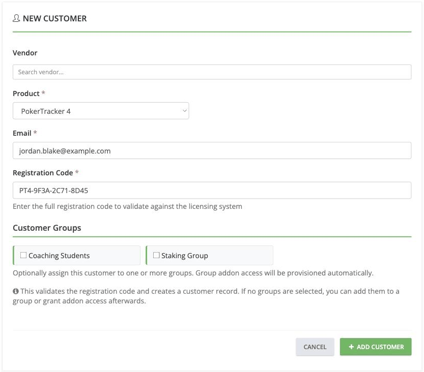 New customer form with product, email, registration code and a customer group checklist