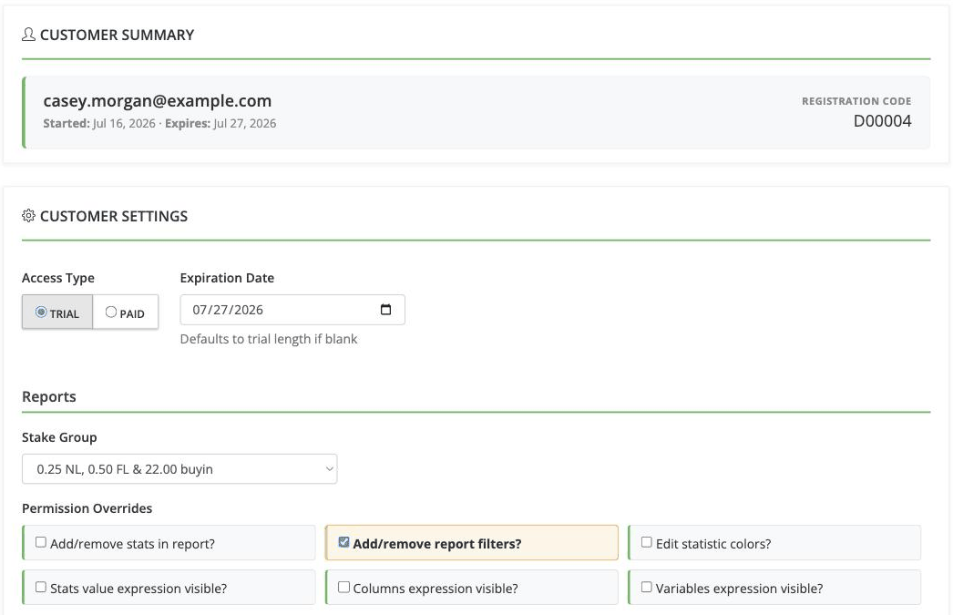 Customer access page showing access type, expiration date, a stake group dropdown and a highlighted permission override