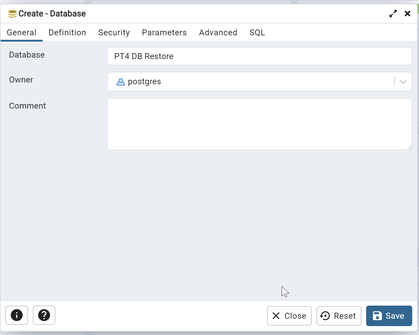 pgAdmin 4 create database name