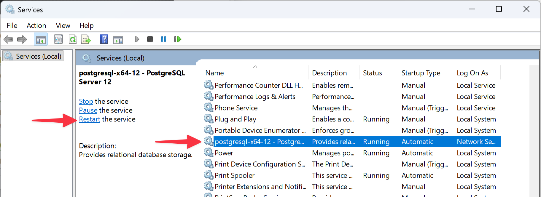 Restart PostgreSQL
