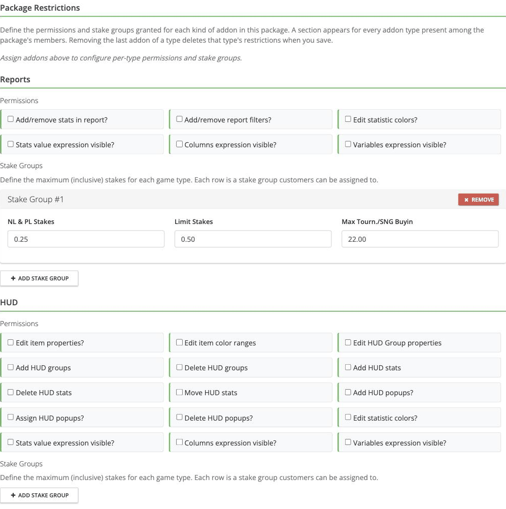 Package Restrictions with a Reports section holding one stake group and a HUD section with no stake groups yet