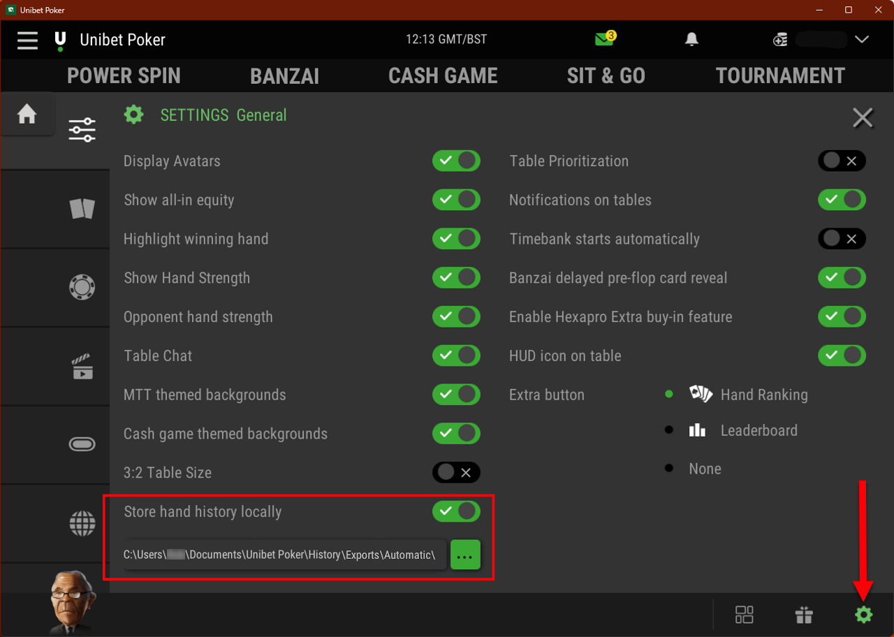 Unibet Store hand history locally setting
